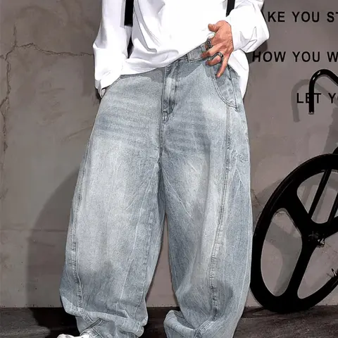 Men's Retro Vintage Medium Wash Oversized Wide Leg Jeans, Loose-Fit Baggy Jean High Street Style Streetwear Denim Jeans, Casual Plain Design for All Seasons