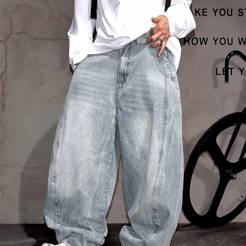 Men's Retro Vintage Medium Wash Oversized Wide Leg Jeans, Loose-Fit Baggy Jean High Street Style Streetwear Denim Jeans, Casual Plain Design for All Seasons