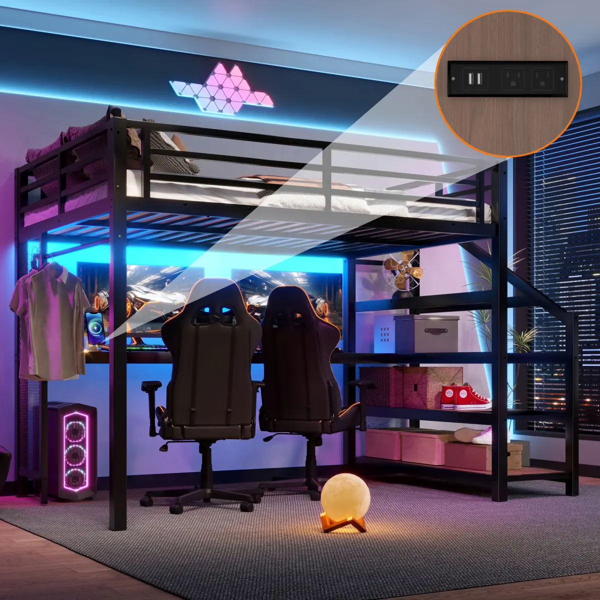 Space Saving Full Loft Bed with Work Desk & Storage Stairs, Metal High Bed Frame with Guardrail, LED Lighting and USB Charging Station for Teens Gaming Bedroom Decor