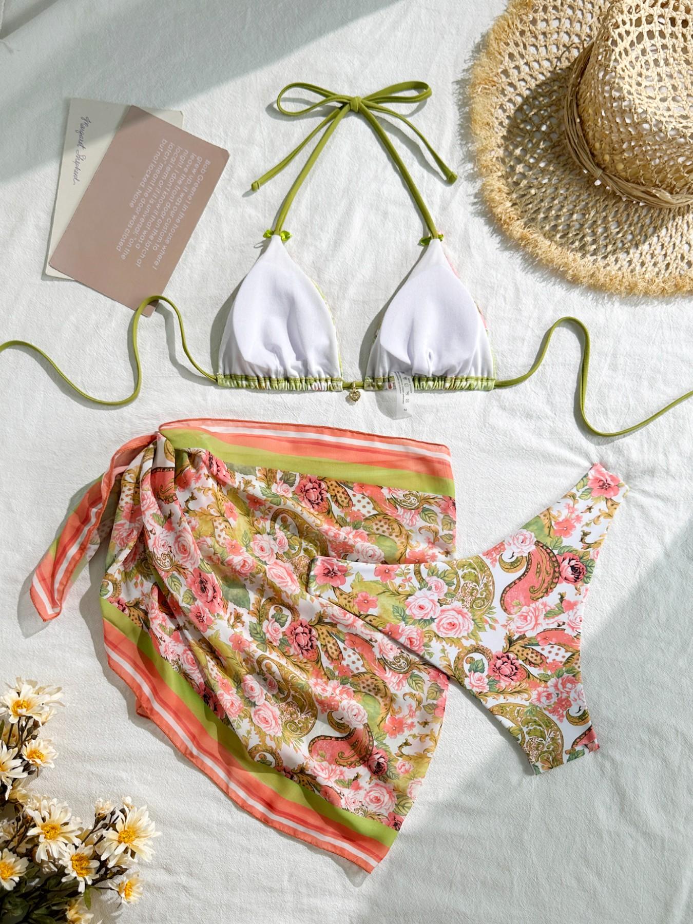 Women's Bohemian Style Bikini Set with Tie Straps, Chiffon Print Cover-Up, Full Body Print, Cute Knot Back, Summer Beachwear, Floral Bikini Swimsuit, Chic Swimsuit Set