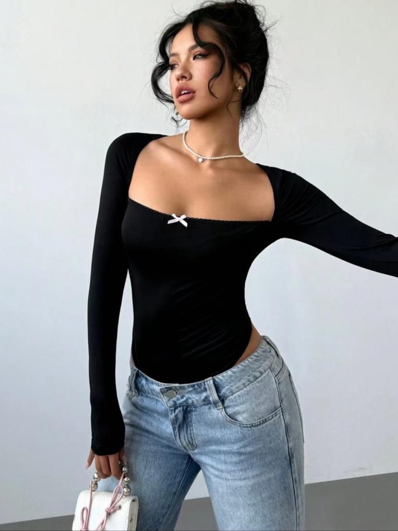 Women's Plain Bow Decor Square Neck Bodysuit, Elegant Fashion Casual Long Sleeve Bodysuit for Daily Outdoor Wear, Women Clothing for Summer
