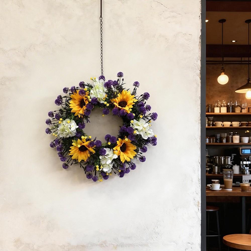 1pc purple yellow flower wreath, sunflower, hydrangea, dandelion simulation flower wreath, home decoration, home decoration, room decoration, bedroom decoration flower wreath, summer and autumn flower wreath, garden, door and window, staircase decor