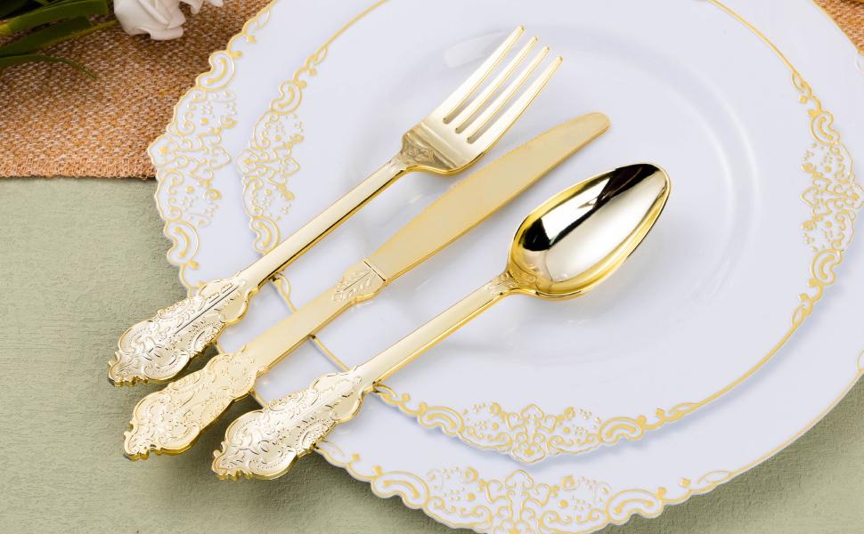 100 Pack Heavyweight Gold Plastic Silverware Set 300 Cutlery & 100 Pre-Rolled Napkins for Wedding Party Christmas Anniversary Decorations Supplies - Disposable Plates