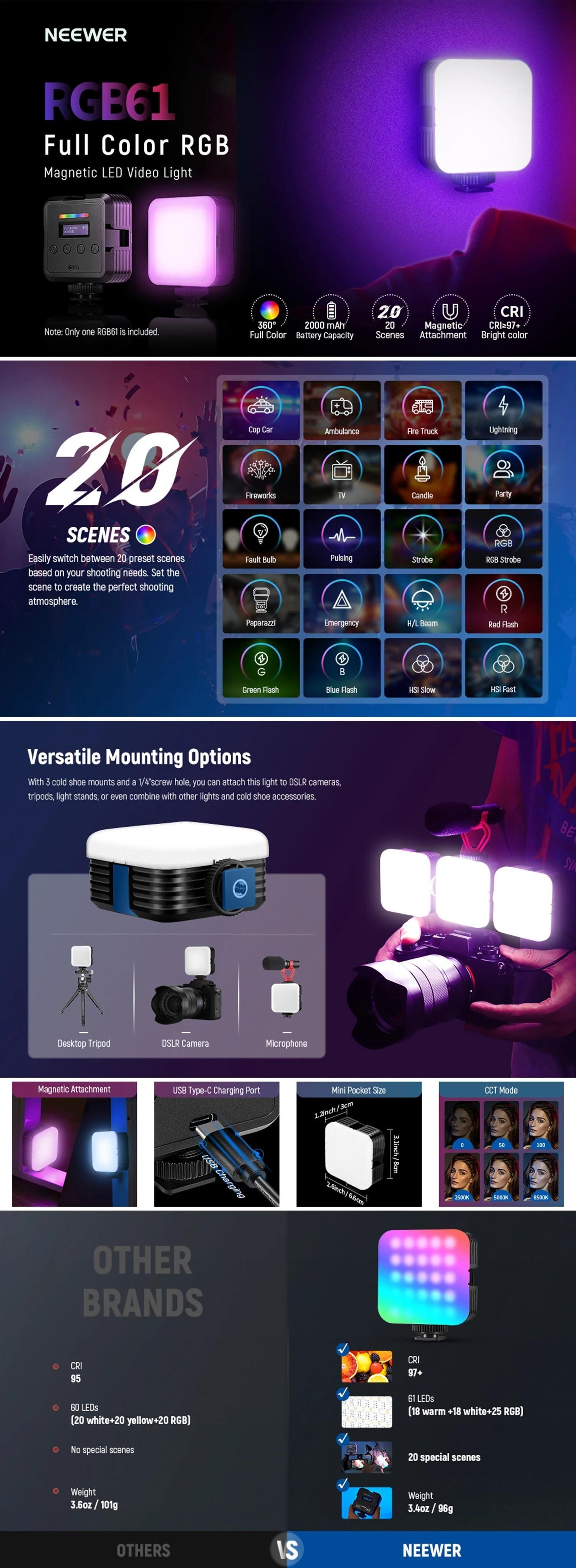 NEEWER RGB61 Magnetic Cold Shoe RGB Video Light