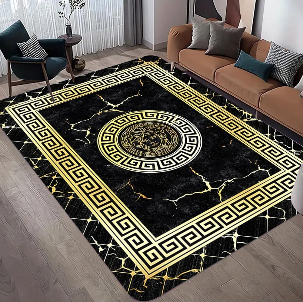 Luxury Black Green Gold Marble Flannel Area Rug - Modern Geometric Border Print Soft Mat for Living Room, Non-Slip Home Decor#LuxuryMarbleRug #BlackGreenGoldMat #GeometricBorderDecor #ModernCarpet #NonSlipFlannelRug