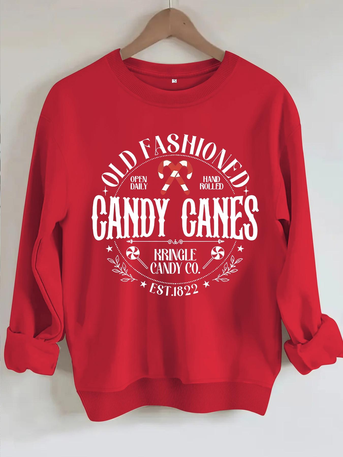 Women's Casual Candy Canes Pattern Hoodie, Soft Long Sleeve Round Neck Christmas Sweatshirt, All-Season Comfort