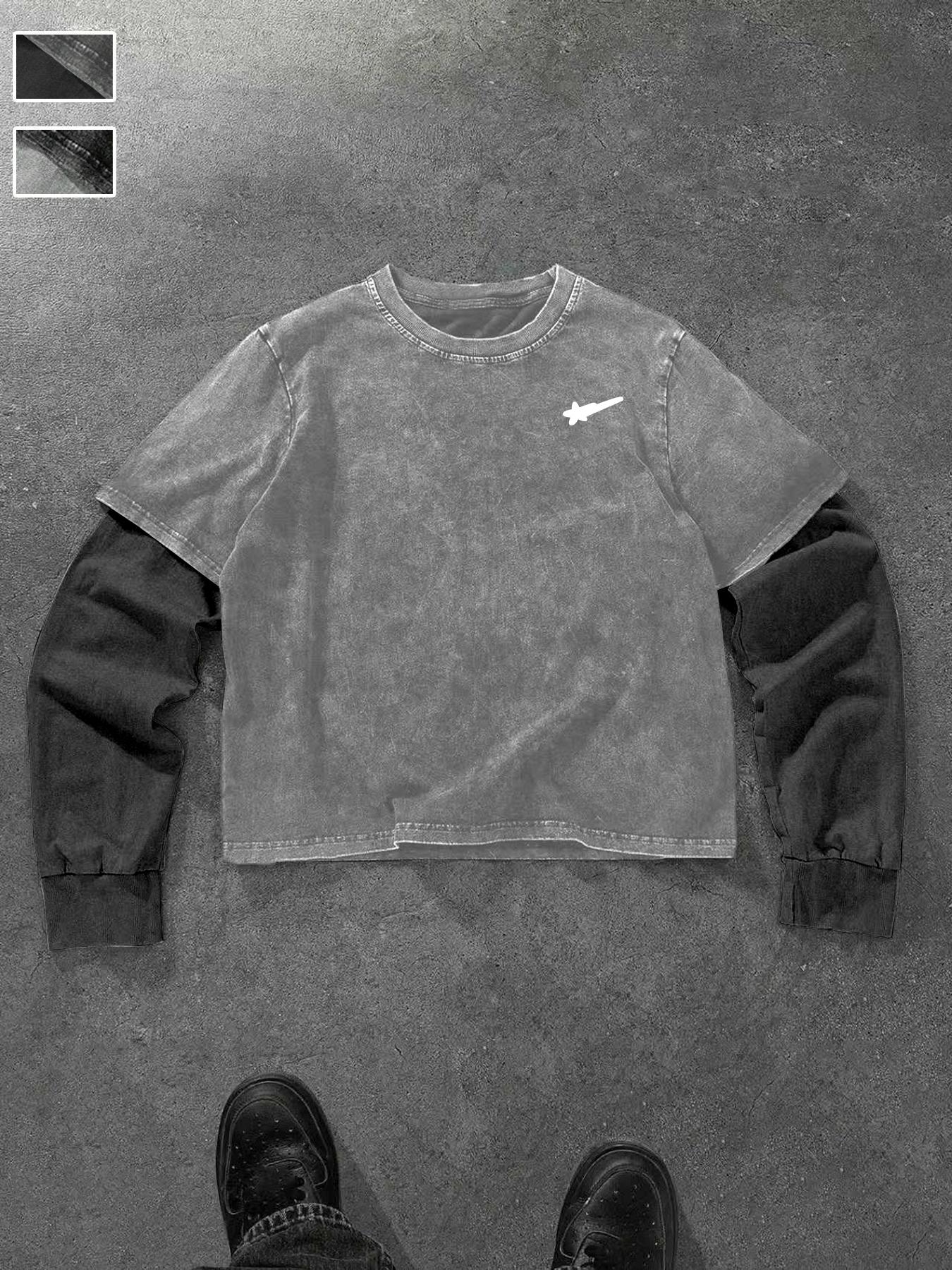 Men's Washed Cotton Mock Two-Piece Round Neck Long Sleeve Fitted Tee, with Star Print Design, a Casual and Trendy All-season Wardrobe Essential