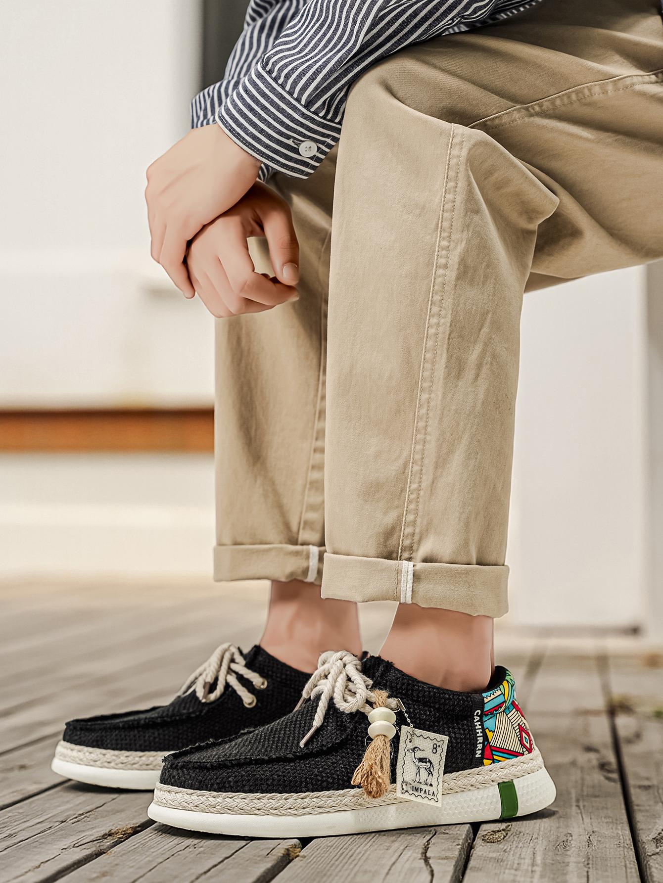 Summer New Men's Linen Shoes, Breathable Non-Stuffy, Colorblock Geometric Pattern, Fringe Decor, Retro Ethnic Style, Comfortable Thick Sole