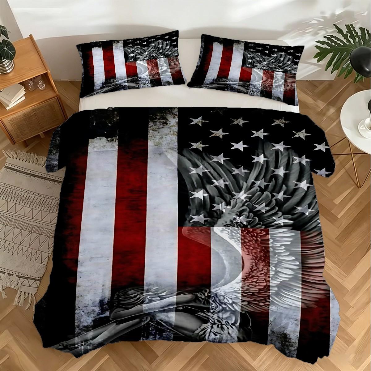 2/3 Piece Patriotic Themed Bedding Set: Eagle And American Flag Print Duvet Set, Duvet Cover Sets, Soft And Breathable, Easy Maintenance, 1 Duvet Cover+1/2 Pillowcase, No Padding/Zipper Closure, Bedroom Decoration Bedding