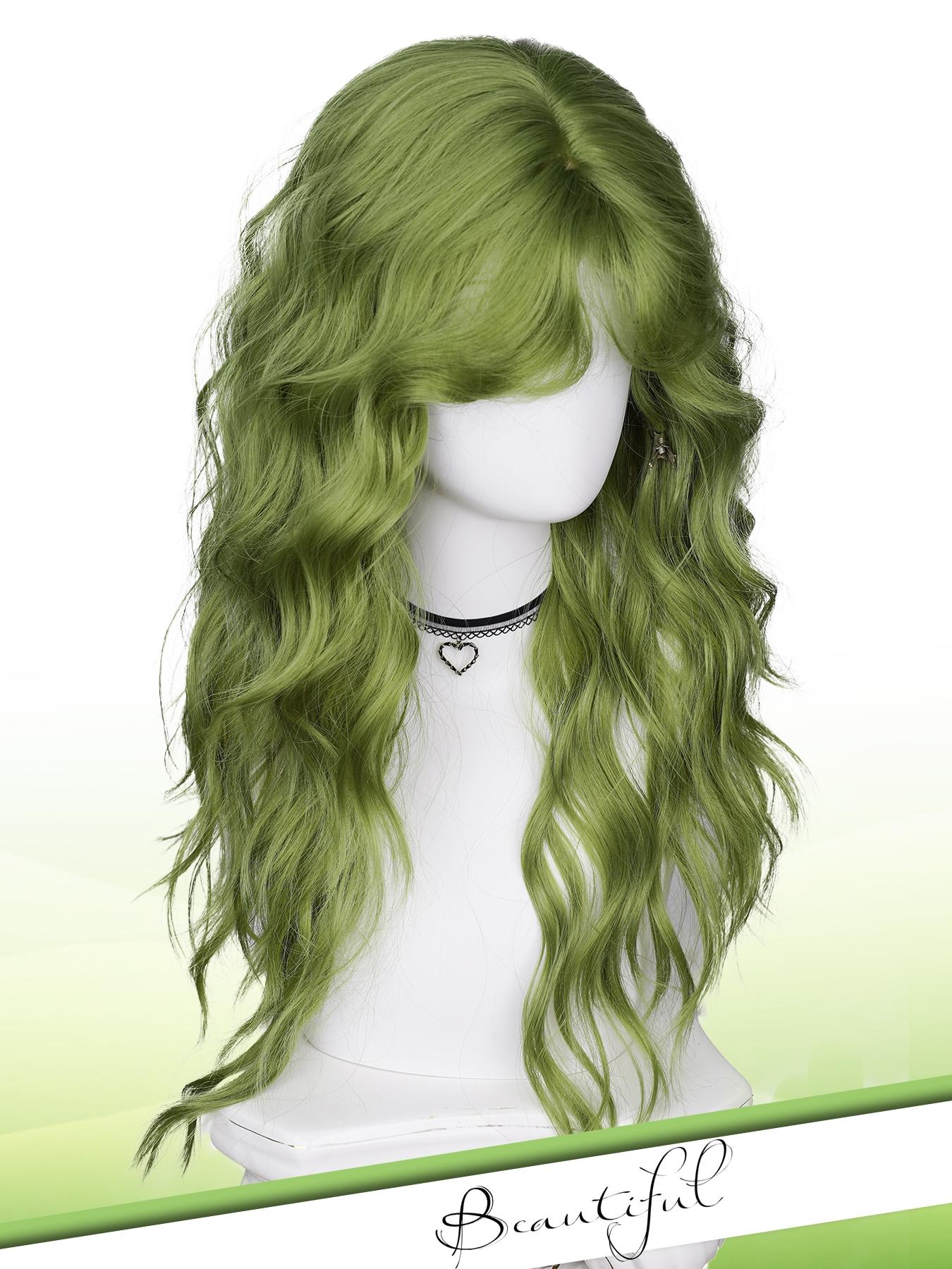 Green Wig with Bangs Soft Long Wavy Wigs for Women Curly 