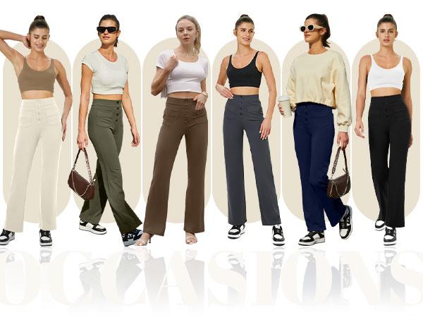 JEKAOYI Women's Straight Leg Pants High Waisted Button Stretchy Business Work Casual Trousers Multiple Pockets