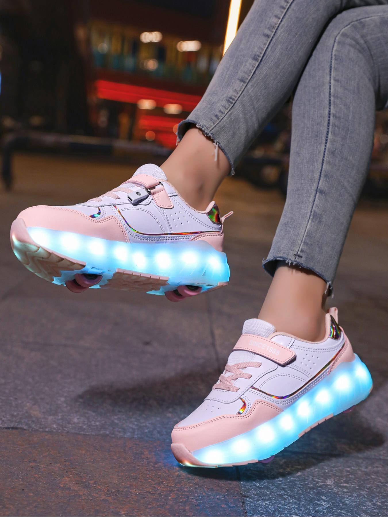 LED Light-Up Roller Skates, PU Leather Four-Wheel Inline Skates, USB Rechargeable, Detachable Wheels, All-Season Casual Shoes, Skating Shoes