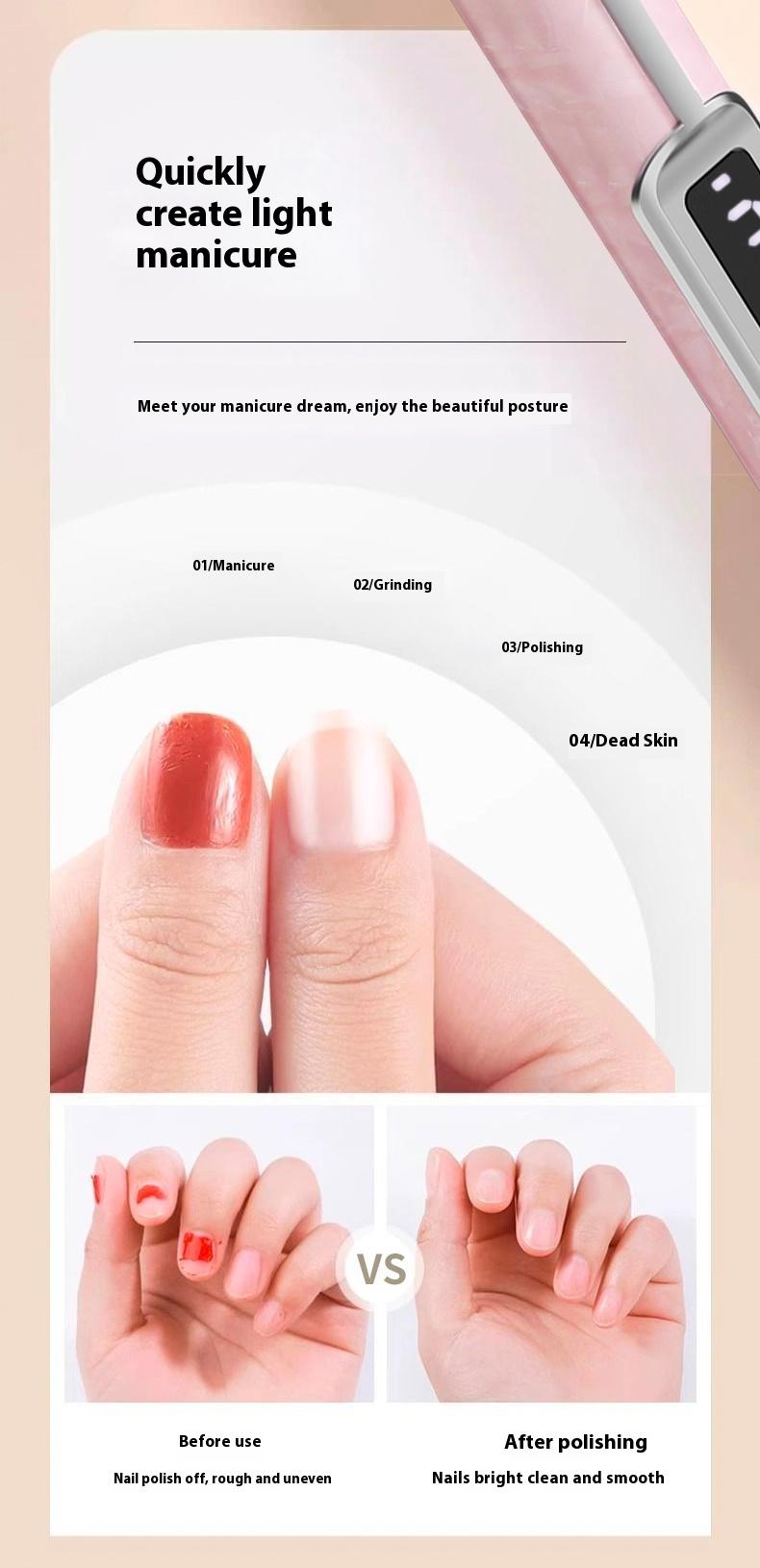 Professional nail salon electric nail buffing machine, USB charging, digital display, portable nail file, nail removal, dead skin removal, nail shaping, complete set of nail art tools