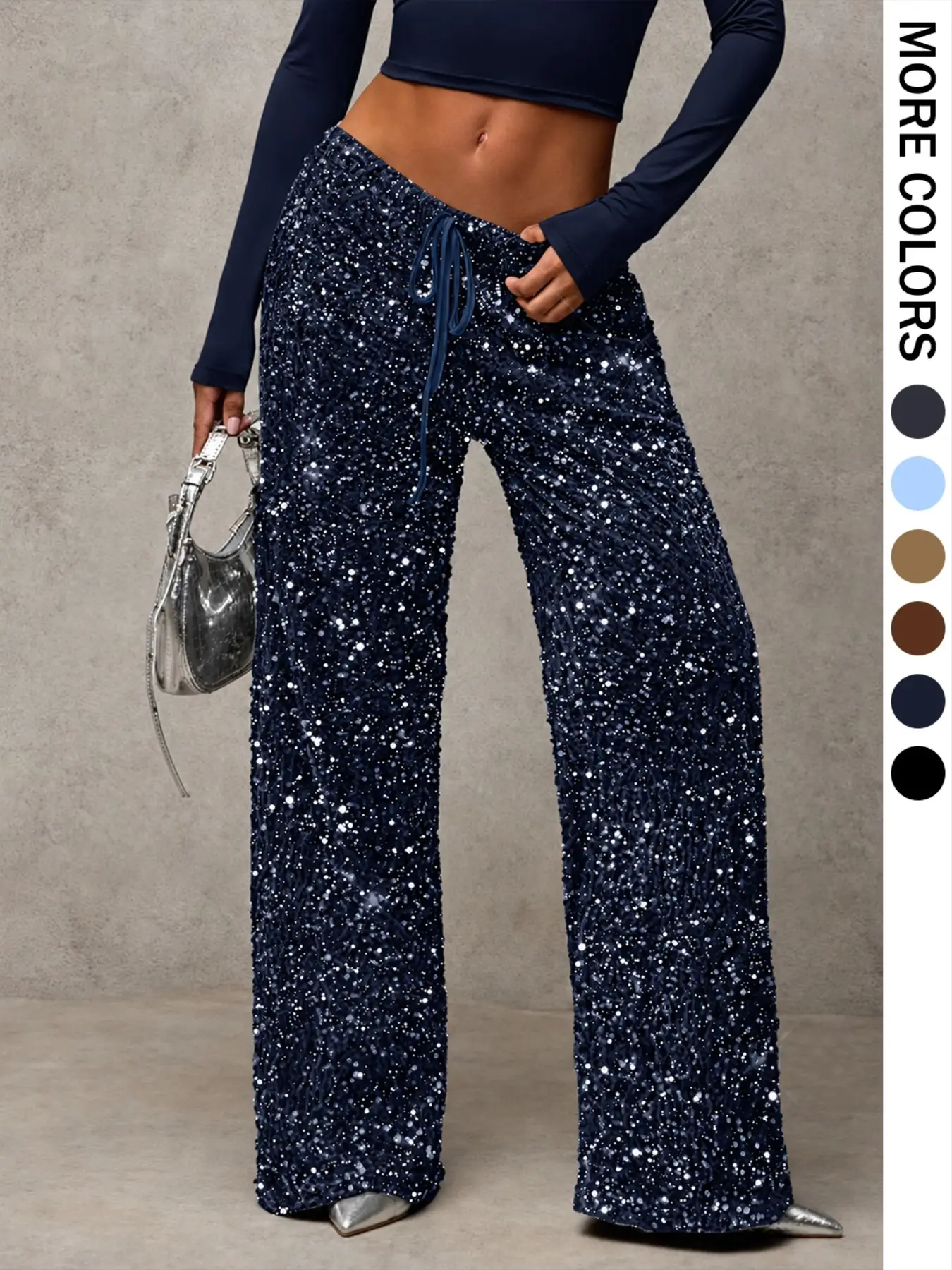 Glitter High-Waisted Wide-Leg Pants, Drawstring Waist, Sequined Long Pants, Perfect for Parties, Nightclubs, Music Festivals, Women's Fashion