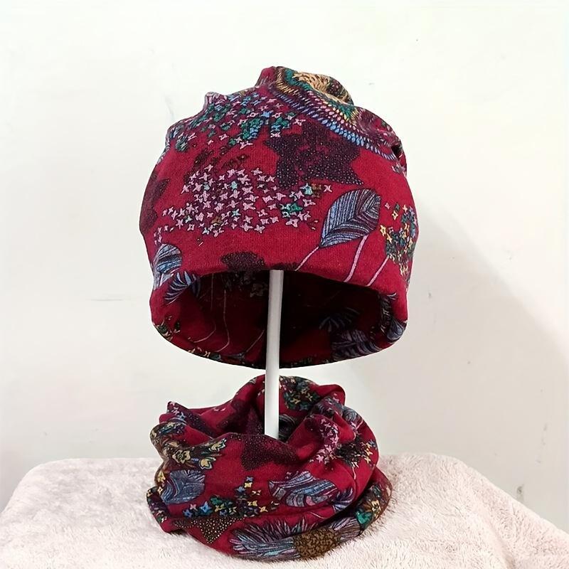 Women's 4-Piece Decorative Knit Fabric Head Covering Hats Set - Bohemian Floral Printed, Brimless, Elastic, Lightweight Multifunctional Fall Winter Warm Headscarf Neck Cover for Chemotherapy Patients