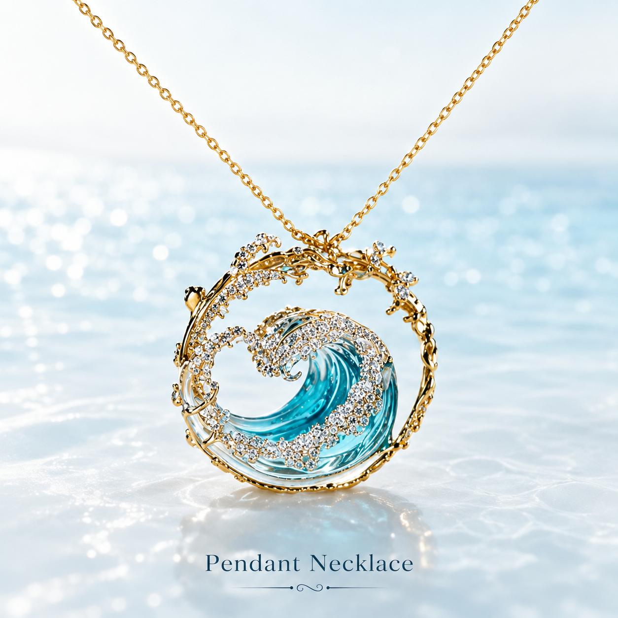 Women's 3-Piece Ocean Wave Coordinated Costume Jewelry Set - Gold or Silver Tone Necklace, Ring, Earrings - Translucent Beach Themed Female Wear Gift for Fashion Enthusiasts, Coordinated Set
