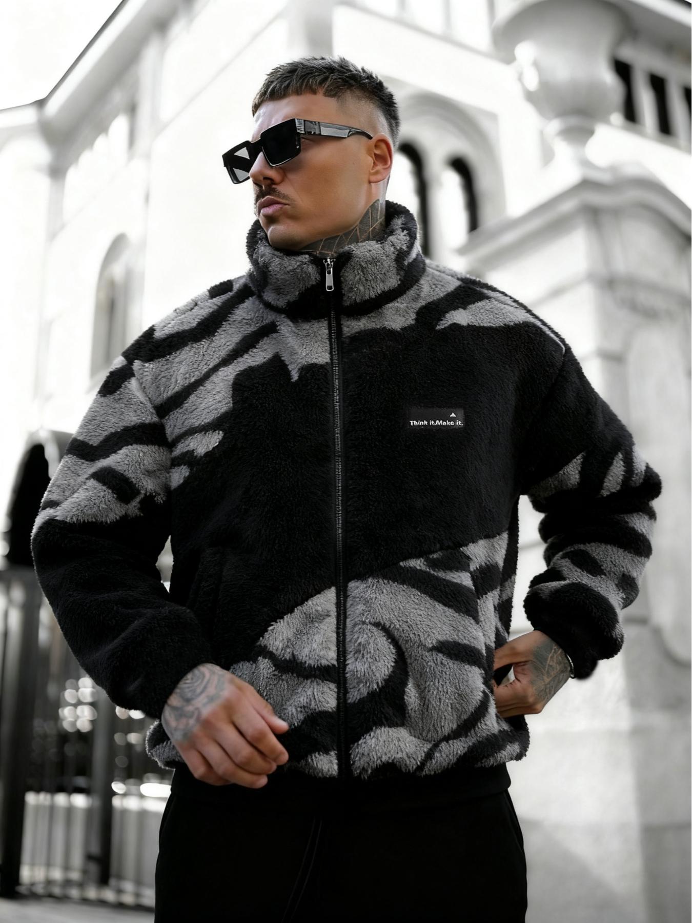 Abstract Pattern Fleece Zip - Up Jacket, Cozy Streetwear Outfit, Trendy TikTok Must - Have, Coats