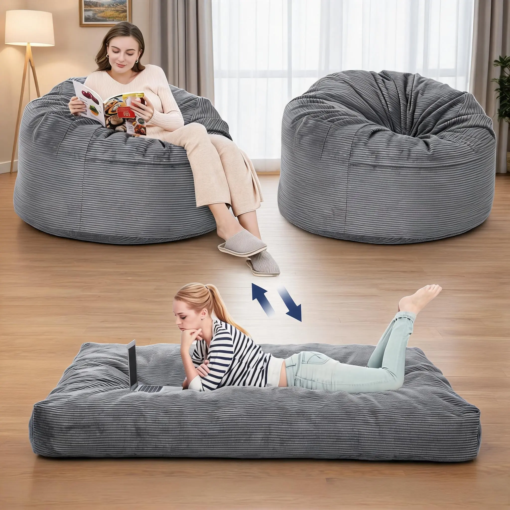 2-in-1 Full Size Convertible Bean Bag Chair Bed - Navy Blue Corduroy Floor Lounger with Removable Washable Cover, Shredded Foam Filling