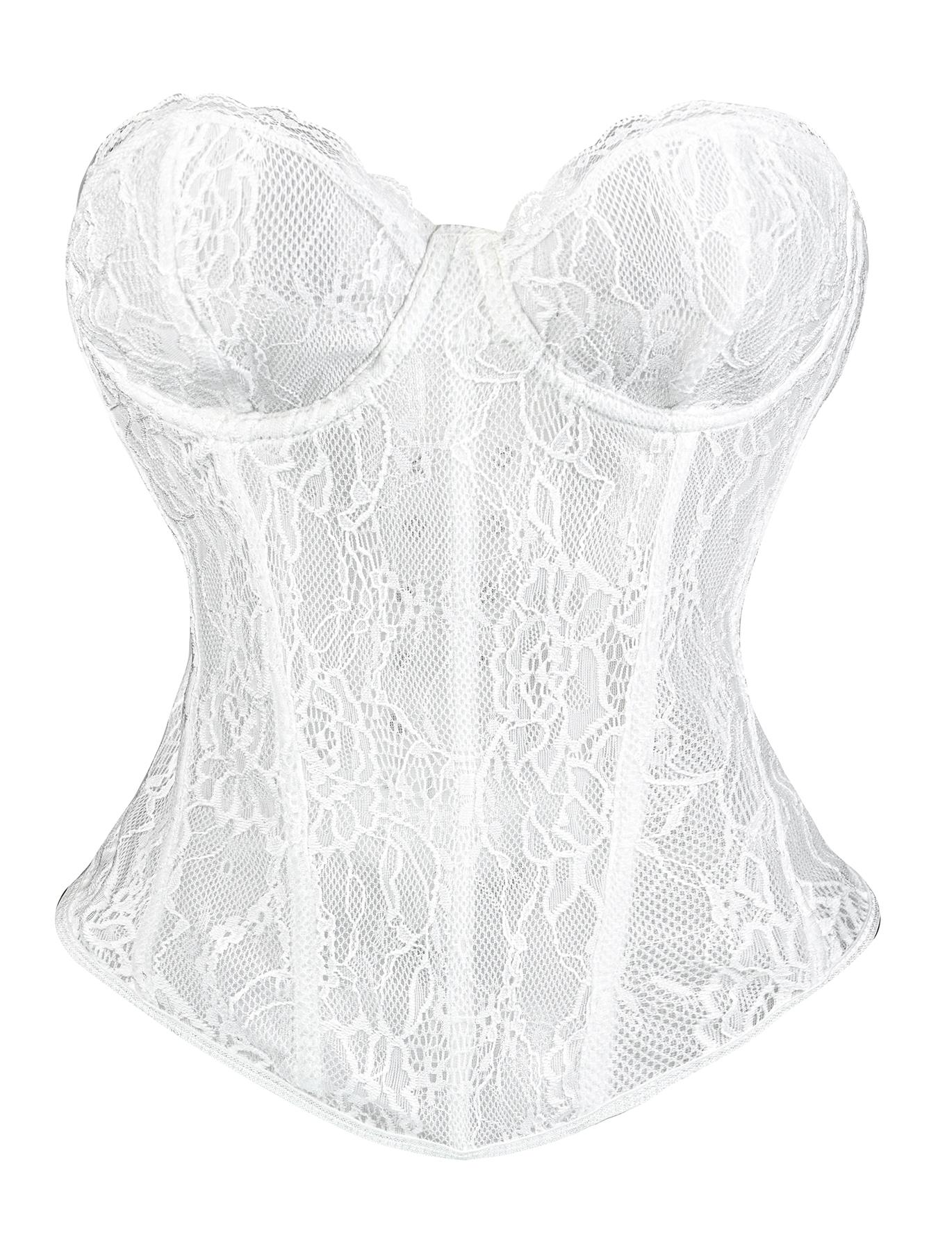 Y2K Sexy White Lace Corset Top Strapless Boned Bustier Push Up Waist Cincher Shapewear Going Out Top for Date Night Club Party Corset Shaper Feminine Corset Style Shapewear