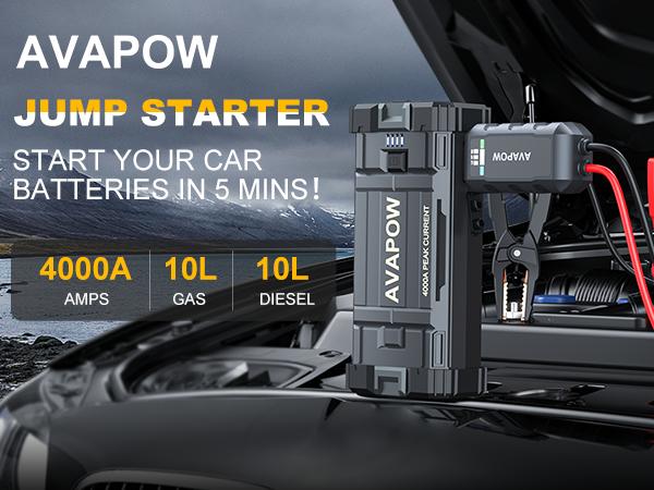 AVAPOW 4000A Car Battery Jump Starter–12V Portable Power for 10L Gas/10L Diesel Engines, Booster Function, PD 60W Fast Charging Lithium Jump Box Outdoorfun
