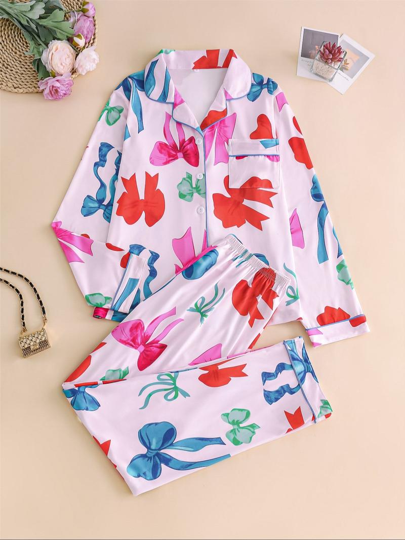 Two-piece Set Women's Christmas Print Button Front Pocket Shirt & Elastic Waist Pants Pyjama, Casual Comfy Long Sleeve Collared Top & Trousers Pajama Set, Women's Sleepwear for Spring & Fall