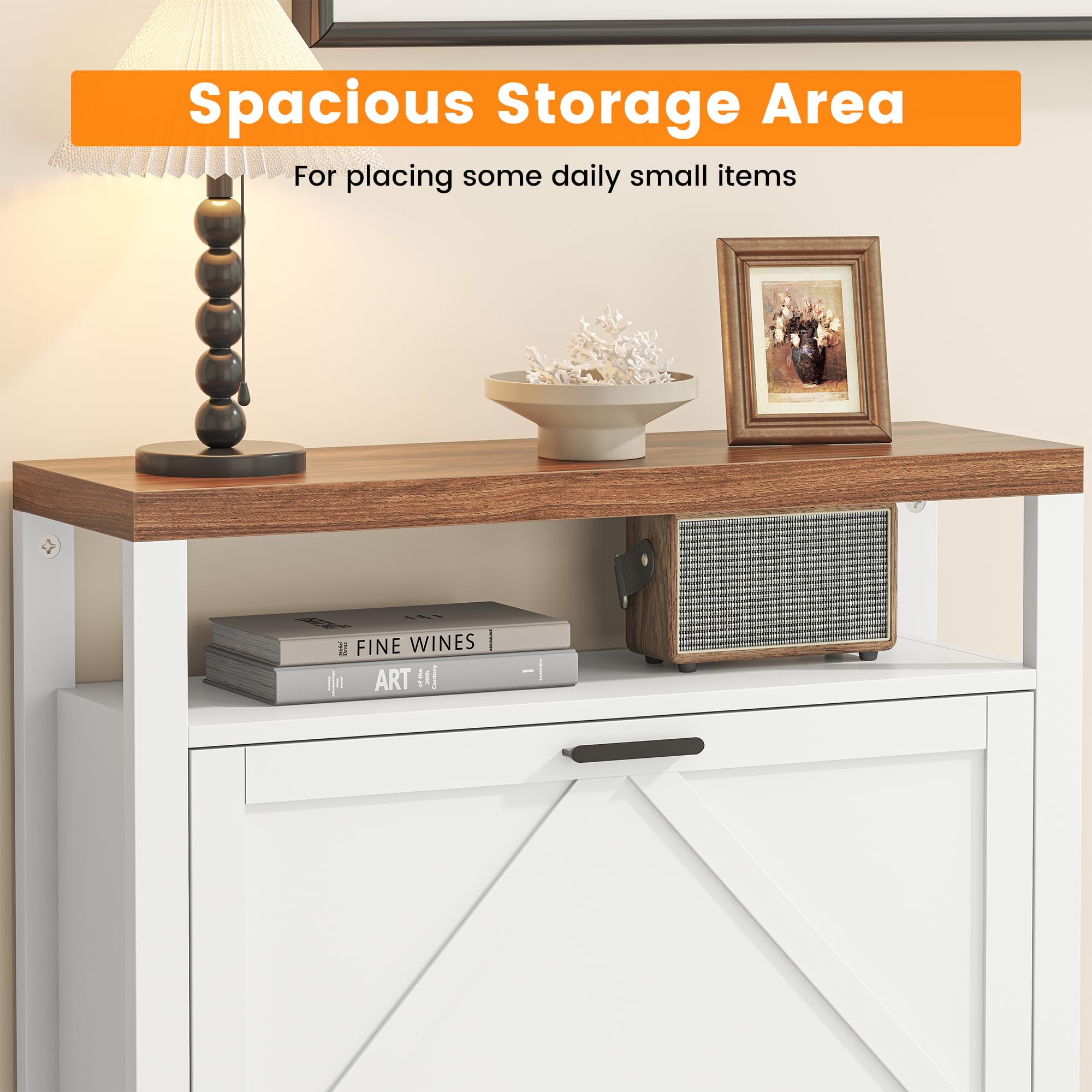 4 Tires Farmhouse Shoe Organizer with Open Storage Shelf & Barn Door, Shoe Storage Cabinet with 2 Flip Drawers, Adjustable or Removable Freestanding Hidden Narrow Shoe Rack for Foyer