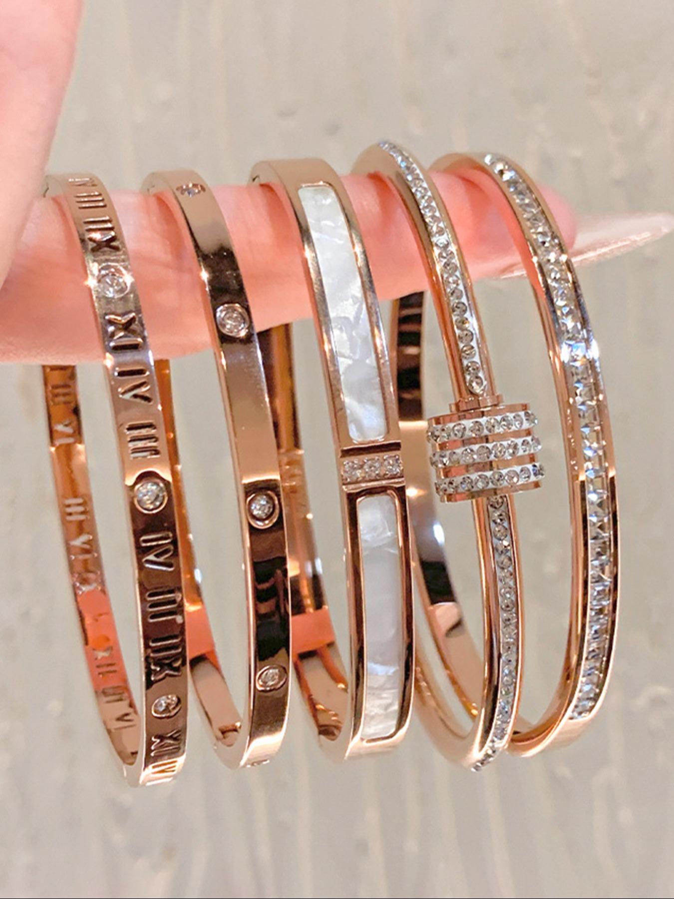 5-Piece Waterproof Titanium Steel Bracelet Set, Rhinestone Star Design, Plated, Versatile Style, Unisex Jewelry