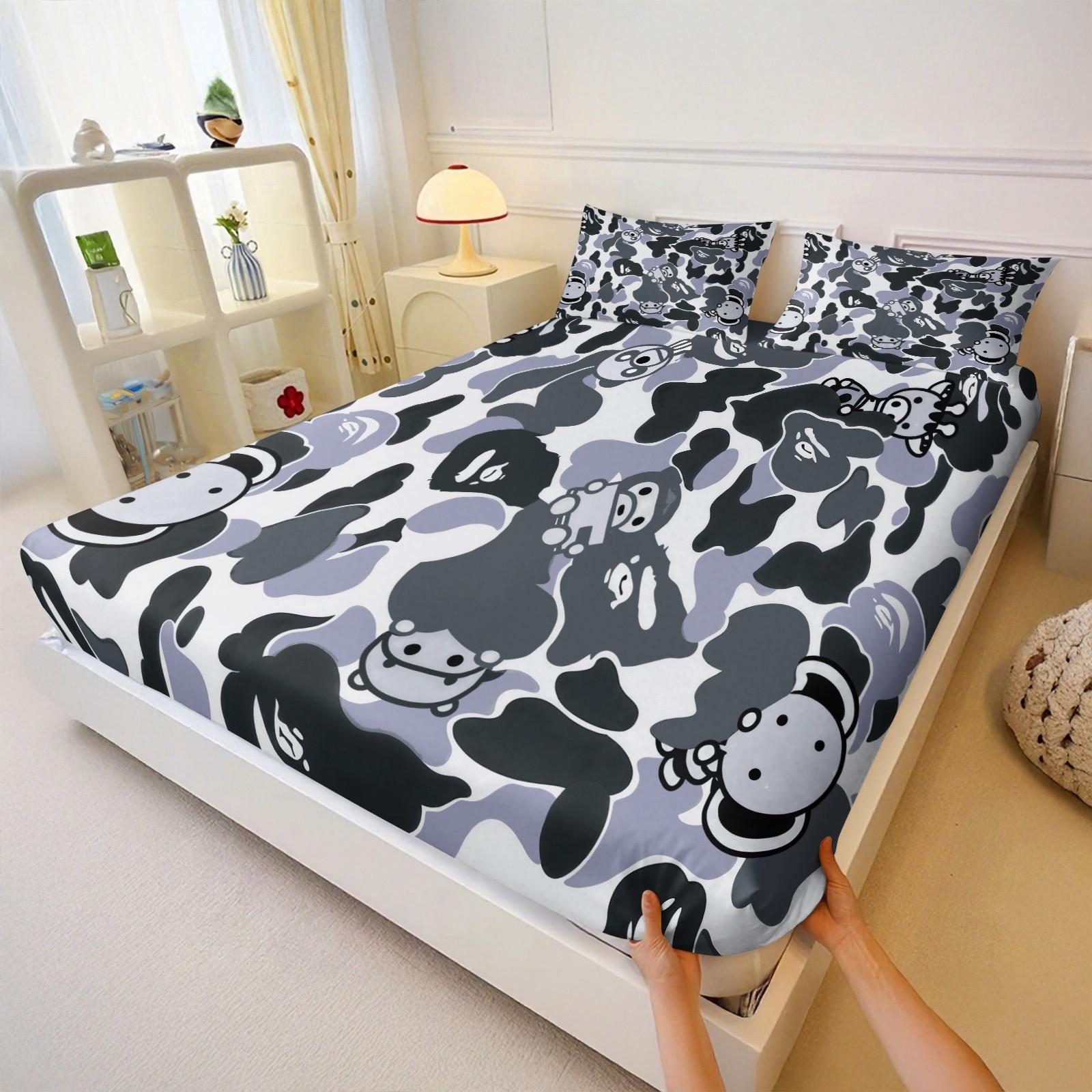 3PCS Cartoon Camo Anime Fitted Sheet Set, Trendy Personalized Bedroom Decor, Elastic Edge for Mattress Wrap, Ideal Housewarming Christmas Birthday Gift for Trendsetters