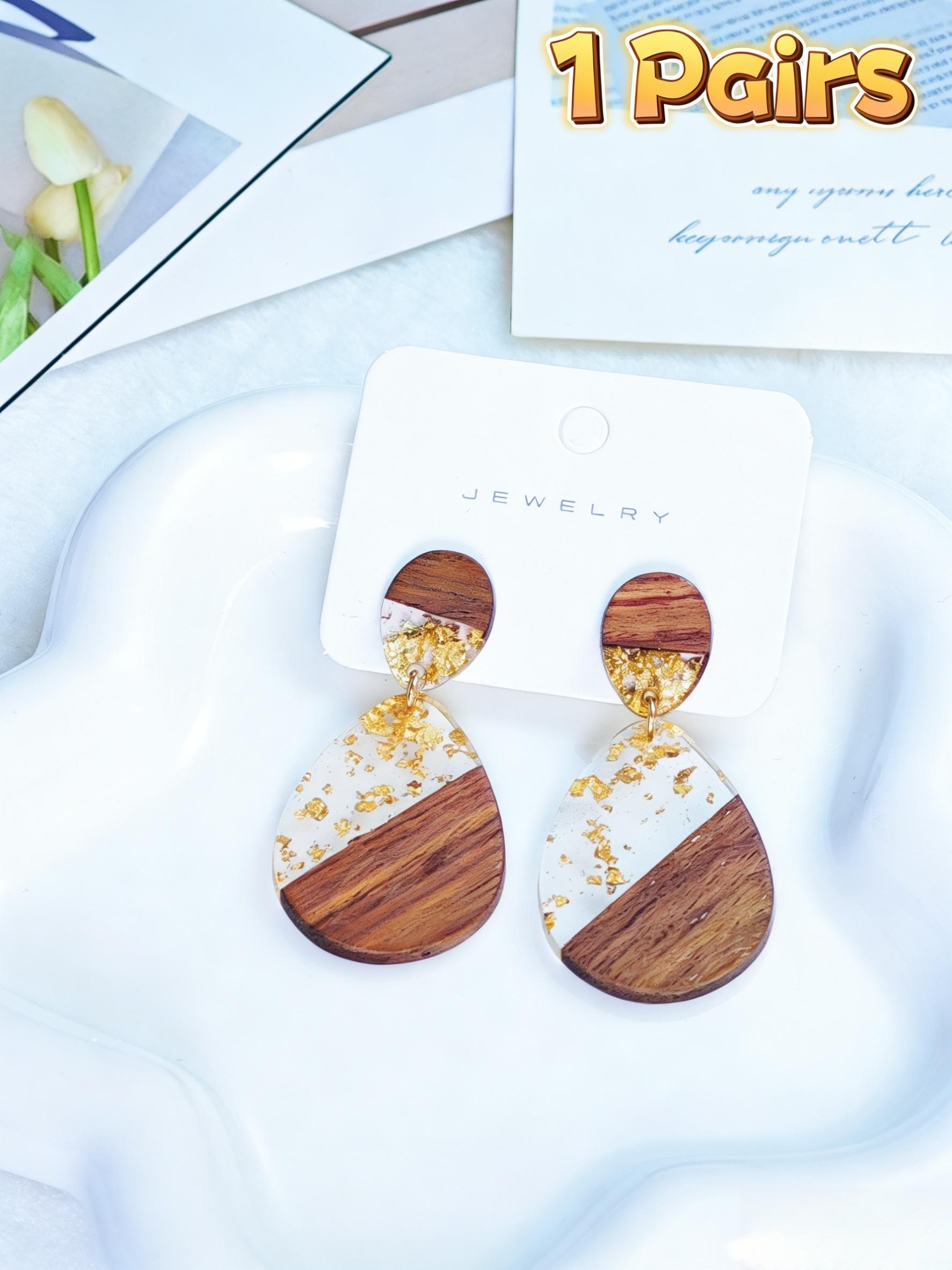 Boho Style Wooden Resin Gold Foil Earrings, Shiny Bling Effect, Natural Wood Ear Studs, Women's Fashion Jewelry, Perfect Gift for All Seasons
