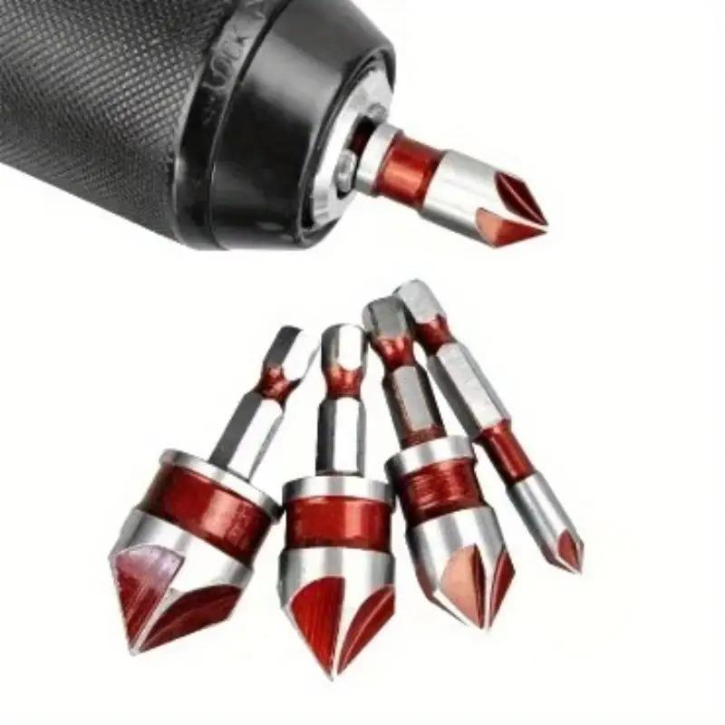 5-Piece HSS Countersink Drill Bit Set (with 1/4", 3/8", 1/2", 5/8", 3/4" hex shanks), 82-degree high-speed steel 5-flute quick-change hex shank, suitable for drilling in metal, plastic, wood, PVC and cement