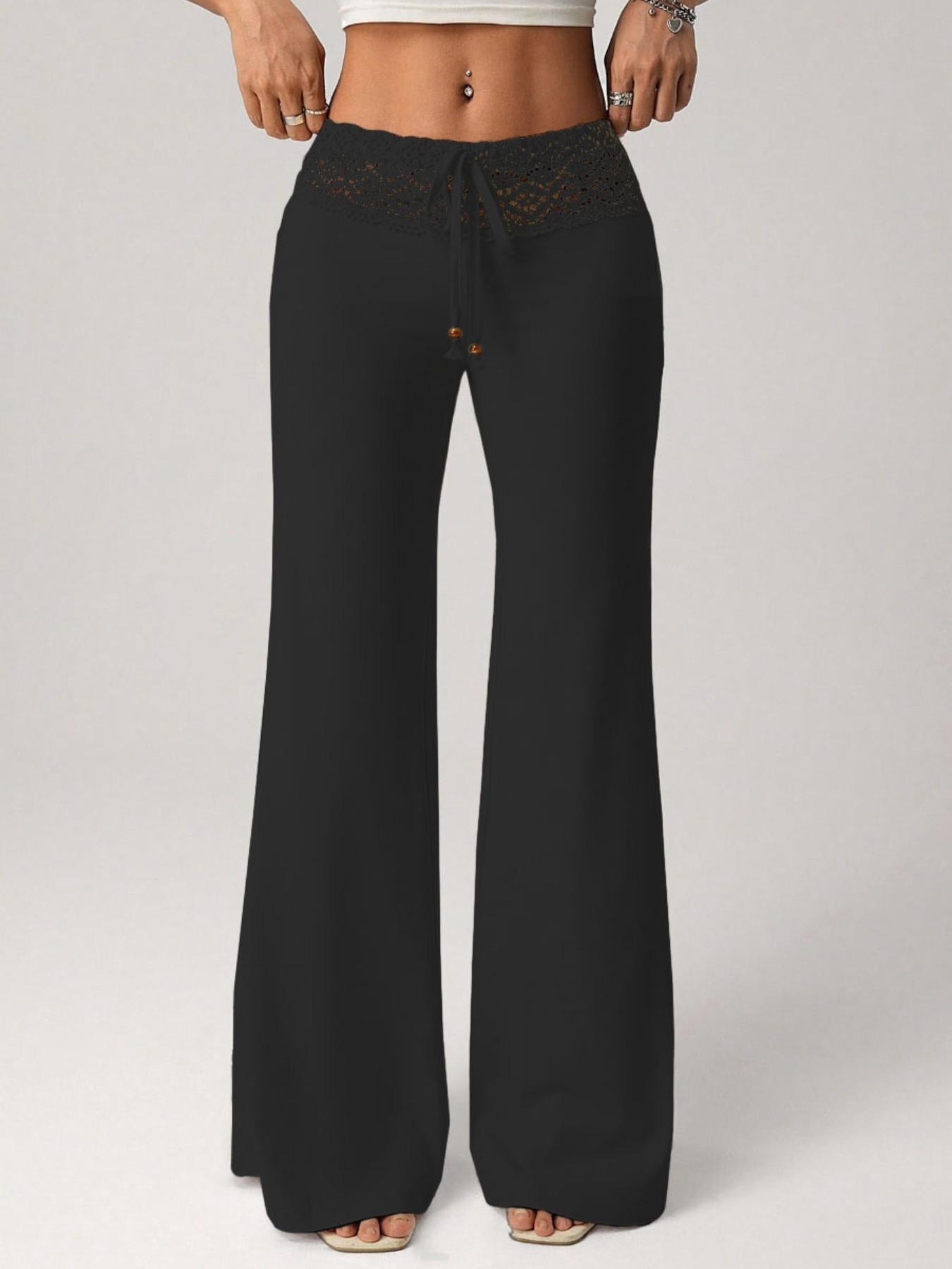 Women's Lace Patchwork Elastic Waist Flare Leg Casual Pants, High Waisted Comfortable Trousers, Fashionable Ladies' Clothing