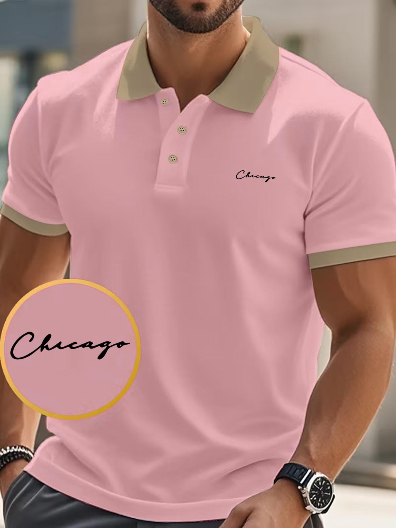 Men's Chicago Handwritten Print Polo Shirt, Slim-Fitting American Style Top, Short Sleeve Casual Wear for Spring & Fall