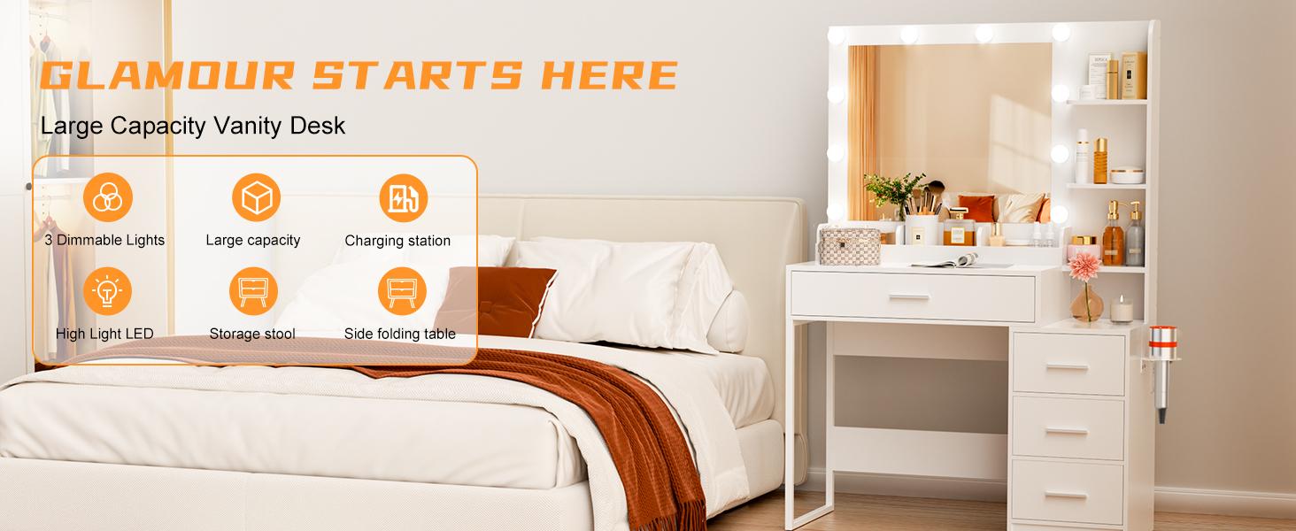 Makeup Vanity Desk with Mirror & Lights | 4 Drawers & 3 Storage Shelves | Adjustable Tri-Color LED Light, Charging Station & Hair Dryer Stand Modern Furniture