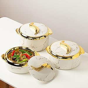 Luxury 3-Piece 2.6/2.1/1.6qt Thermal Casserole Dish Set with Lids, Insulated Stainless Steel Container for Hot & Cold Food, Serving Bowl for Buffets/Parties-Marble White