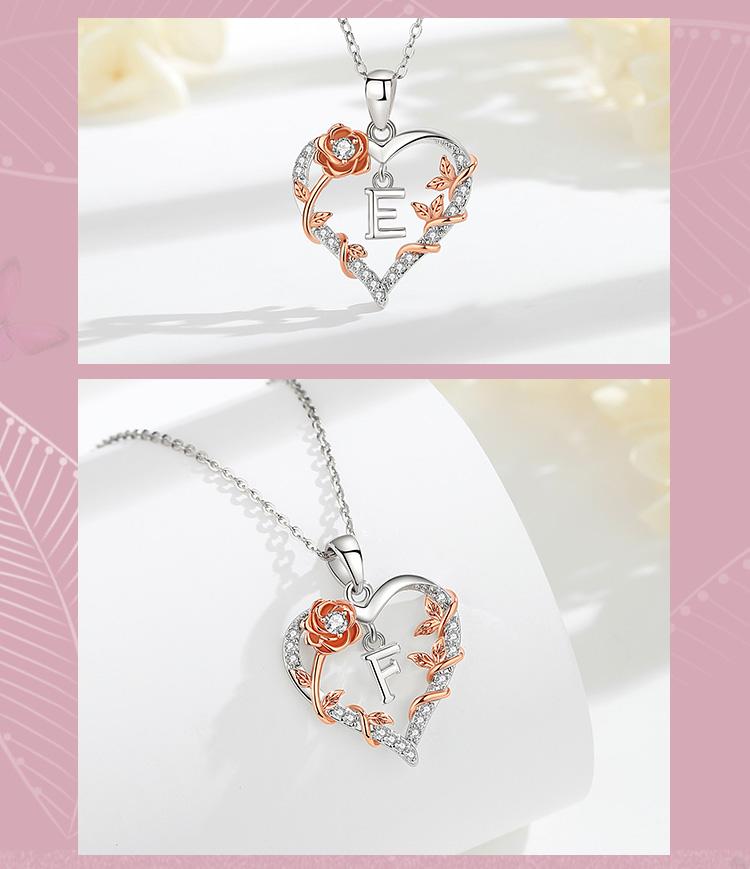 Personalized Letter Heart Necklace, Custom Initial Pendant Charms, Perfect Valentine’s Day Gift for Girlfriends, Moms, RoseGold Flower Jewelry