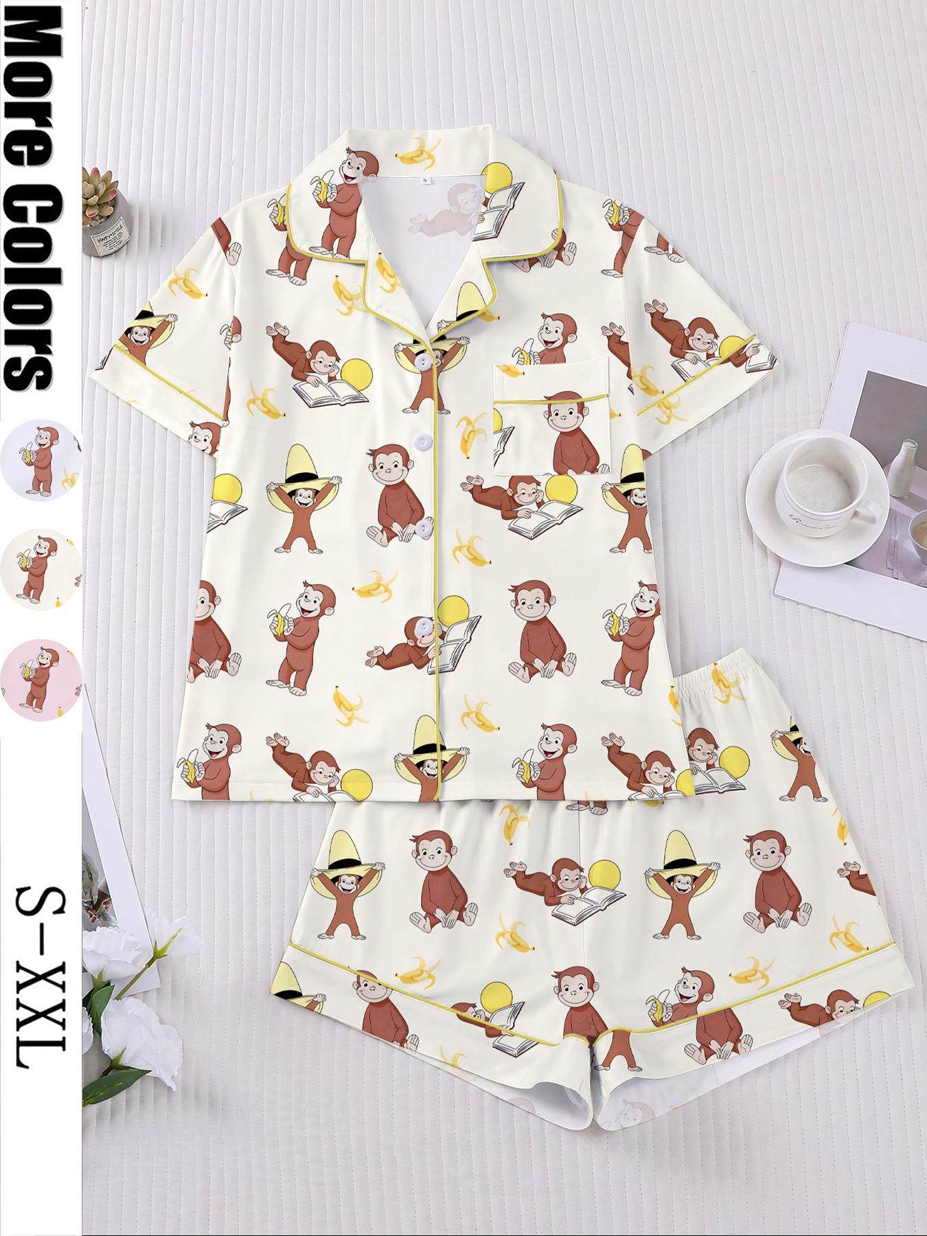 Women's Monkey Banana Print Sleepwear Set, Comfortable Short Sleeve Button Shirt & Loose Elastic Shorts, Fashion Casual Home Wear, Pajama Set