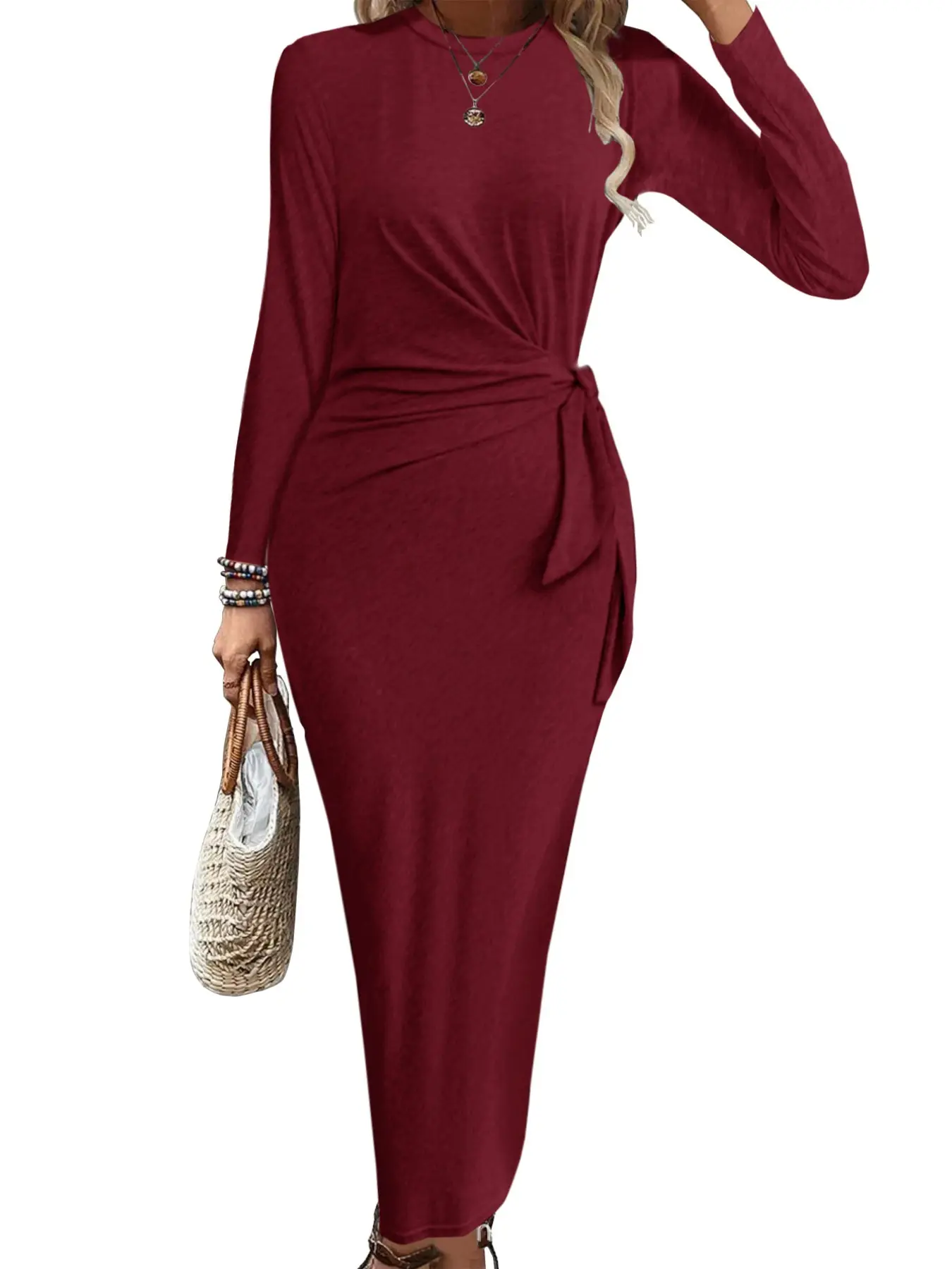 Women's Fall Winter Round Neck Knot Tie Long Dress, Long Sleeve Bodycon A-Line Dress, Perfect for Dates and Vacations