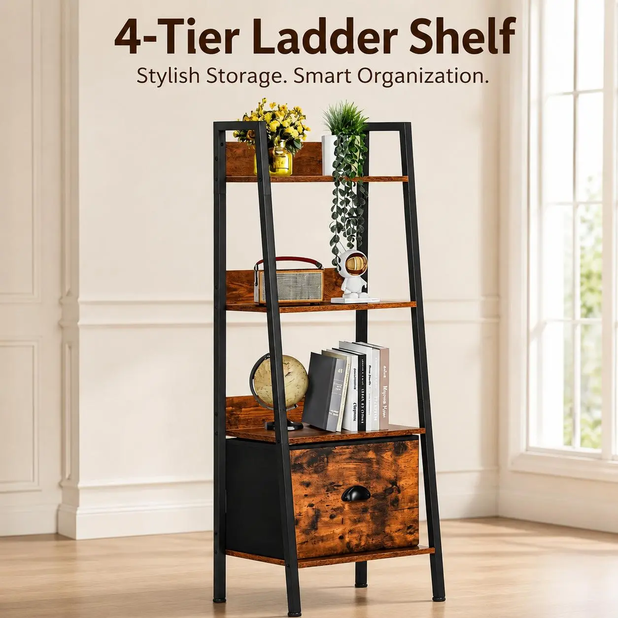 Littleox 4 Tier Ladder Shelf with Drawer Wood Metal Bookshelf Freestanding Storage Rack Rustic Bookcase Organizer for Living Room Home Office Bedroom