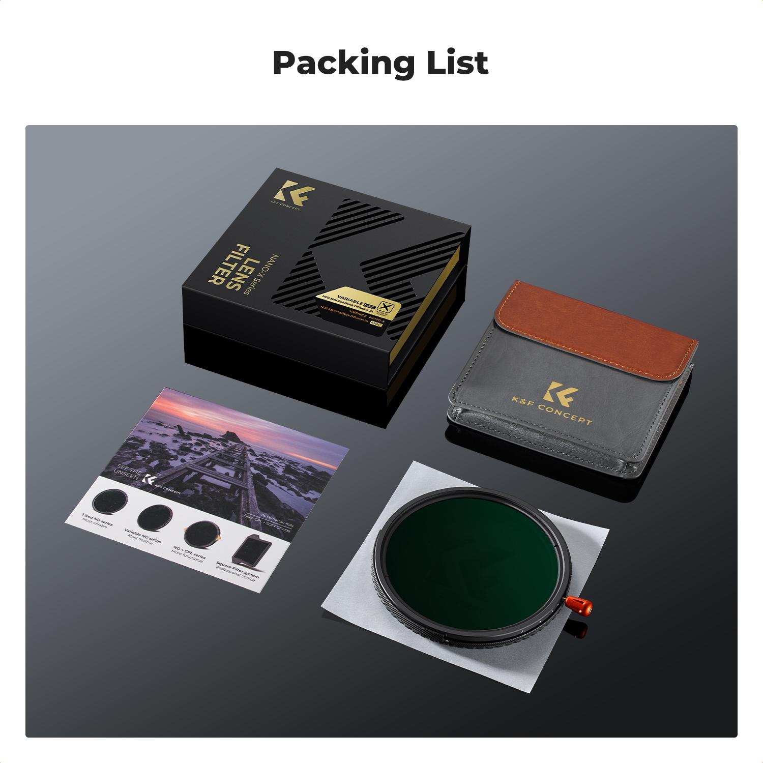 [K&F CONCEPT] Black Diffusion Mist Effect 1/4 & Variable ND2-32(1-5 Stops) & Circular Polarizing Filter CPL-in 1 HD Lens Filter with 28 Multi-Coated for Camera Lenses (Nano-X Series)