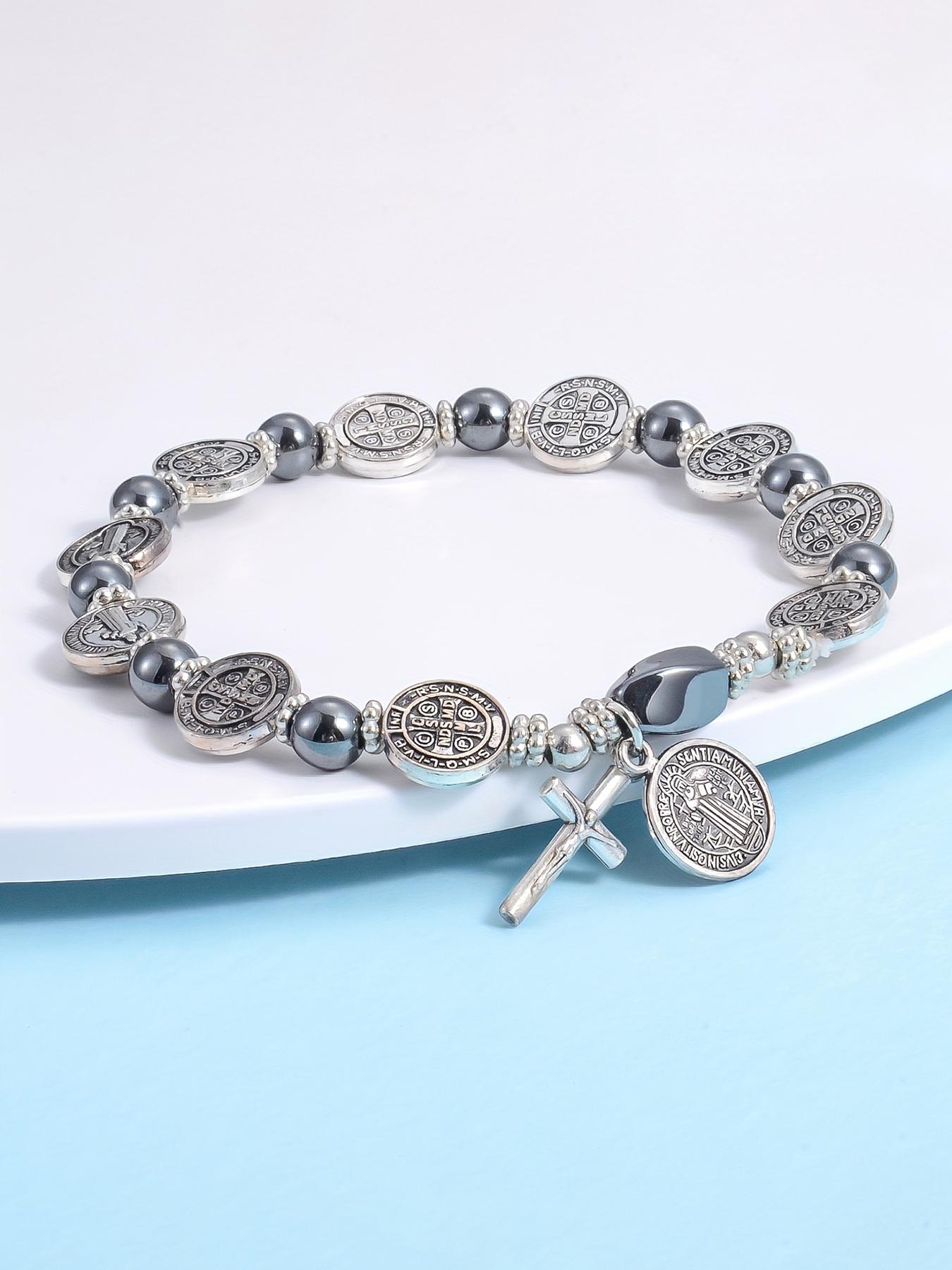 Vintage Agate Beaded Bracelet, Handmade Elastic String, Fashion Casual Unisex Jewelry, Cross Pendant Charm