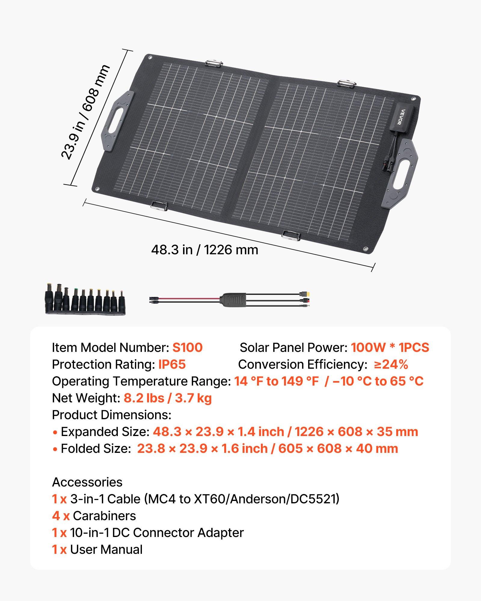 VEVOR 100W Bifacial Solar Panel, 16BB N-Type Foldable Monocrystalline Solar Panel Charger 24 Efficiency, Portable with MC4 Output, USB-A (QC3.0), Type-C DC Ports for Power Stations Camping Hiking