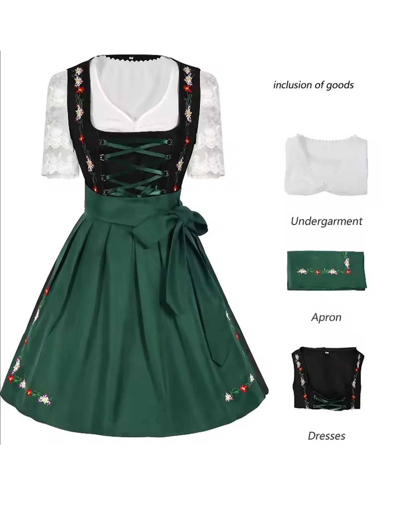 German Dirndl Women's Traditional Beer Festival Dress, Floral Print Lace Bavarian Costume, Fitted All-Season Party Wear
