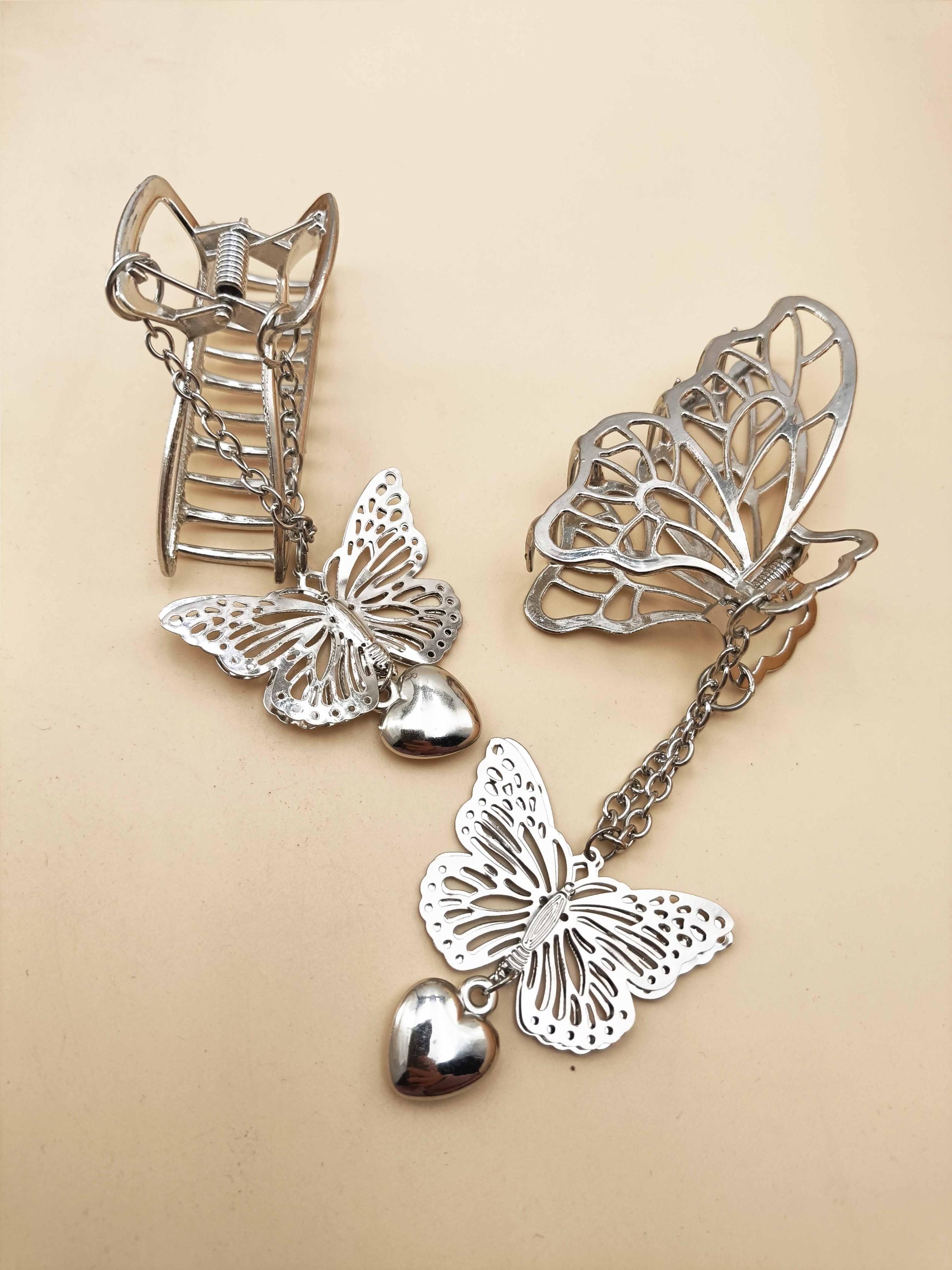 1PC Butterfly Heart Pendant Chain Metal Hair Clip, Elegant Hollow Design, Versatile Accessory for Travel and Beachwear, All Seasons