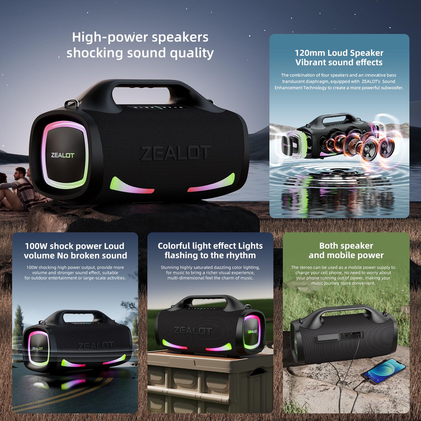 ZEALOT Fitness & Outdoor Bluetooth Speaker, 100W HIFI Stereo & Deep Bass, IPX7 Waterproof, 24000mAh Battery, RGB Lights, Carry Strap, Power Bank for Gym Yoga Camping Beach