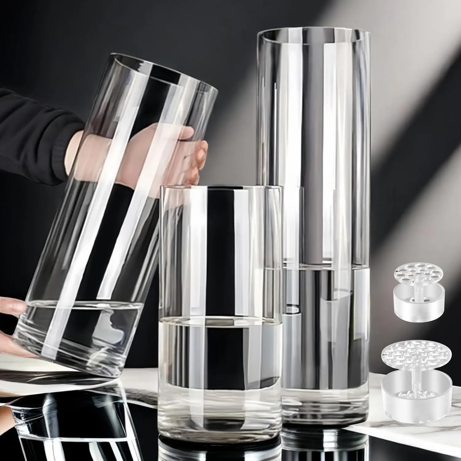 3 Large Clear Acrylic Cylinder Vases Set, Unbreakable Shatterproof Plastic Hurricane Vases with 2 Spiral Ikebana Stem Holder Rings for Wedding Centerpieces Flower Bouquet Decor, 4-Inch DiameterGift