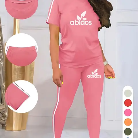 Women's Letter Print Sporty Round Neck Drawstring Short Sleeve Top and Long Pants Two-Piece Set, Fitted Style, Sports Wear
