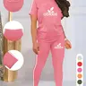Women's Letter Print Sporty Round Neck Drawstring Short Sleeve Top and Long Pants Two-Piece Set, Fitted Style, Sports Wear
