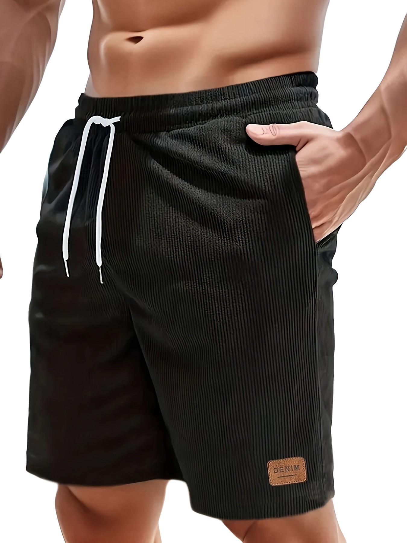 Men's Solid Color Vintage Corduroy Striped Shorts, Drawstring, Pocket, Letter Leather Label, Lightweight Comfortable Gym Shorts, Summer Fitness, Outdoor, Beach Vacation