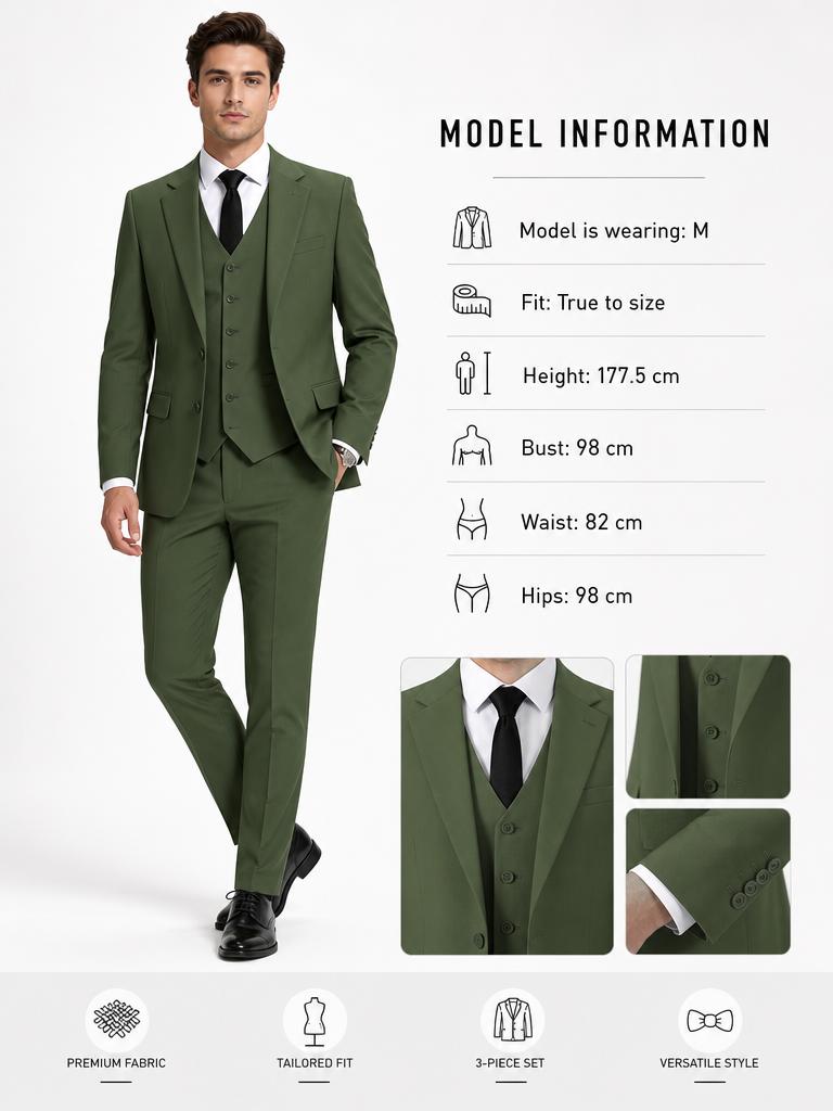 Men's 3-Piece Wedding Suit Set One-Button Notch Lapel Blazer, Vest & Trousers | Formal Business Groom Attire & Casual Party Tuxedos Beige Long Sleeve Menswear Matching SpringStatements Plain