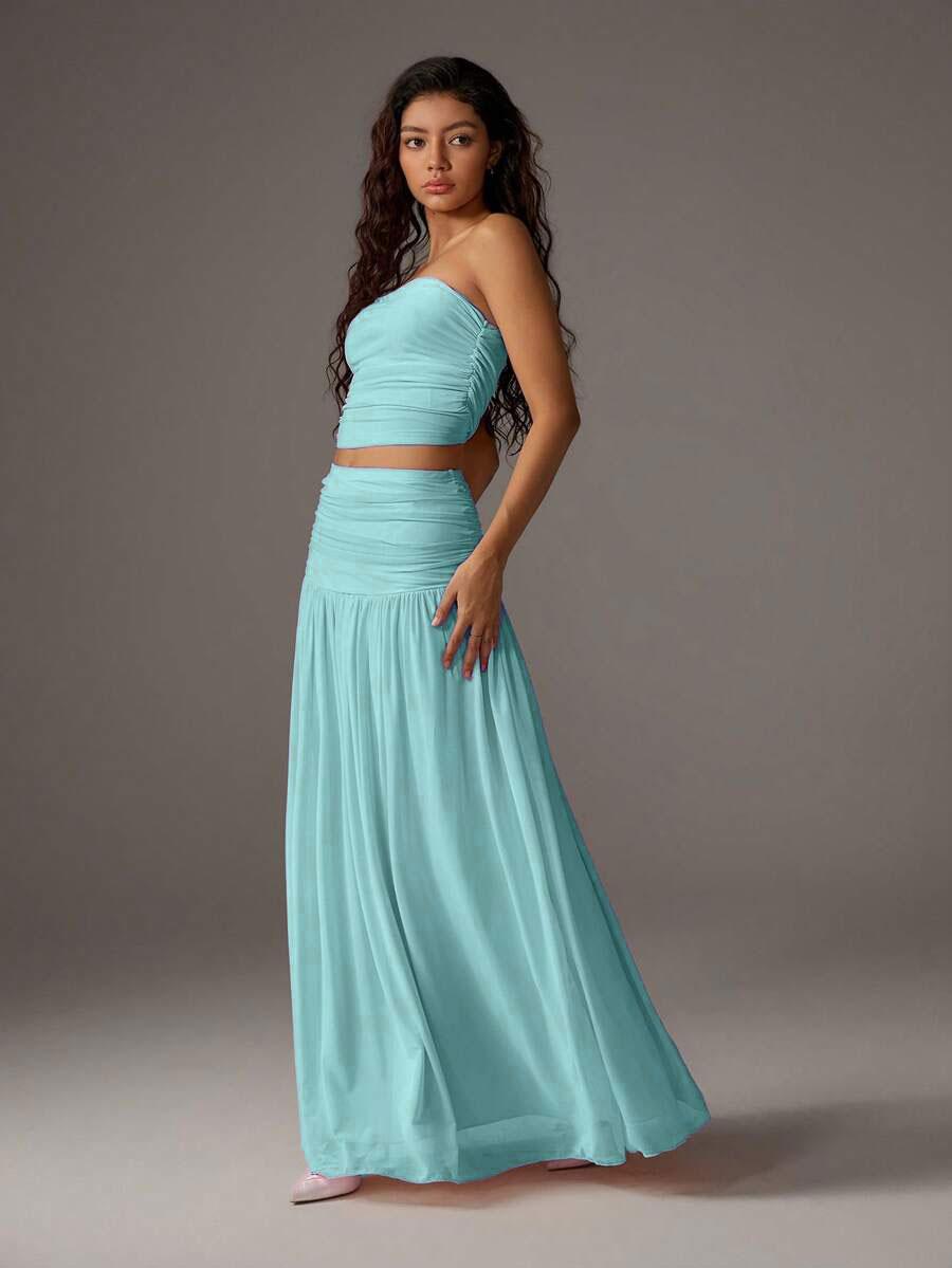 Women's Mesh Solid Color Halter Top Sleeveless and Long Dress Two-Piece Set, Breathable Summer Outfit, Elegant and Comfortable for Daily Wear, Neck Top Set